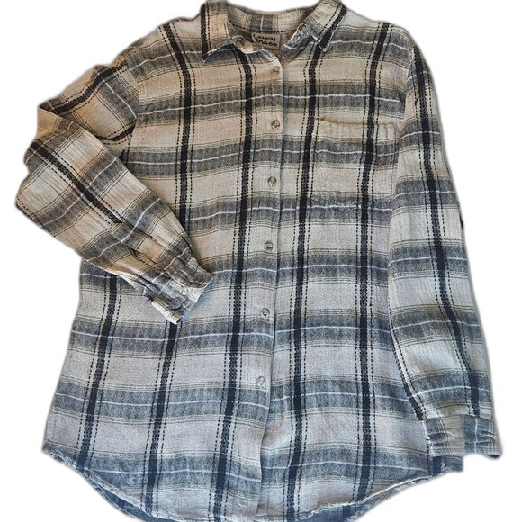 Lemon Grass Linen Blend Casual Button Up Striped Shirt Flannel Style Large - Picture 1 of 7